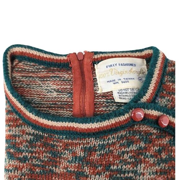 Vintage 1970s Acrylic Belted Sweater Red Orange Green White Medium Retro Knit - Picture 8 of 8